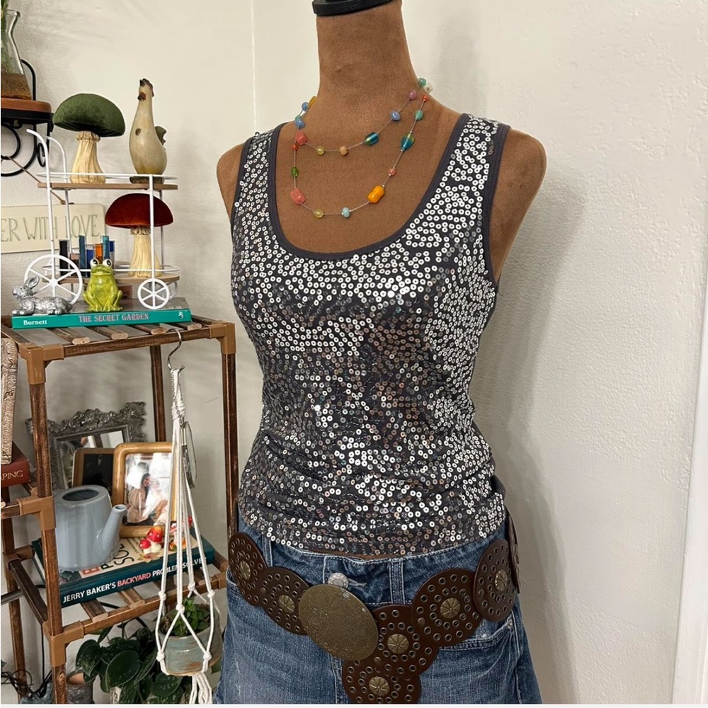 Rue21 McBling Dark Grey Silver Sequin Racerback Tank Top - Size Small